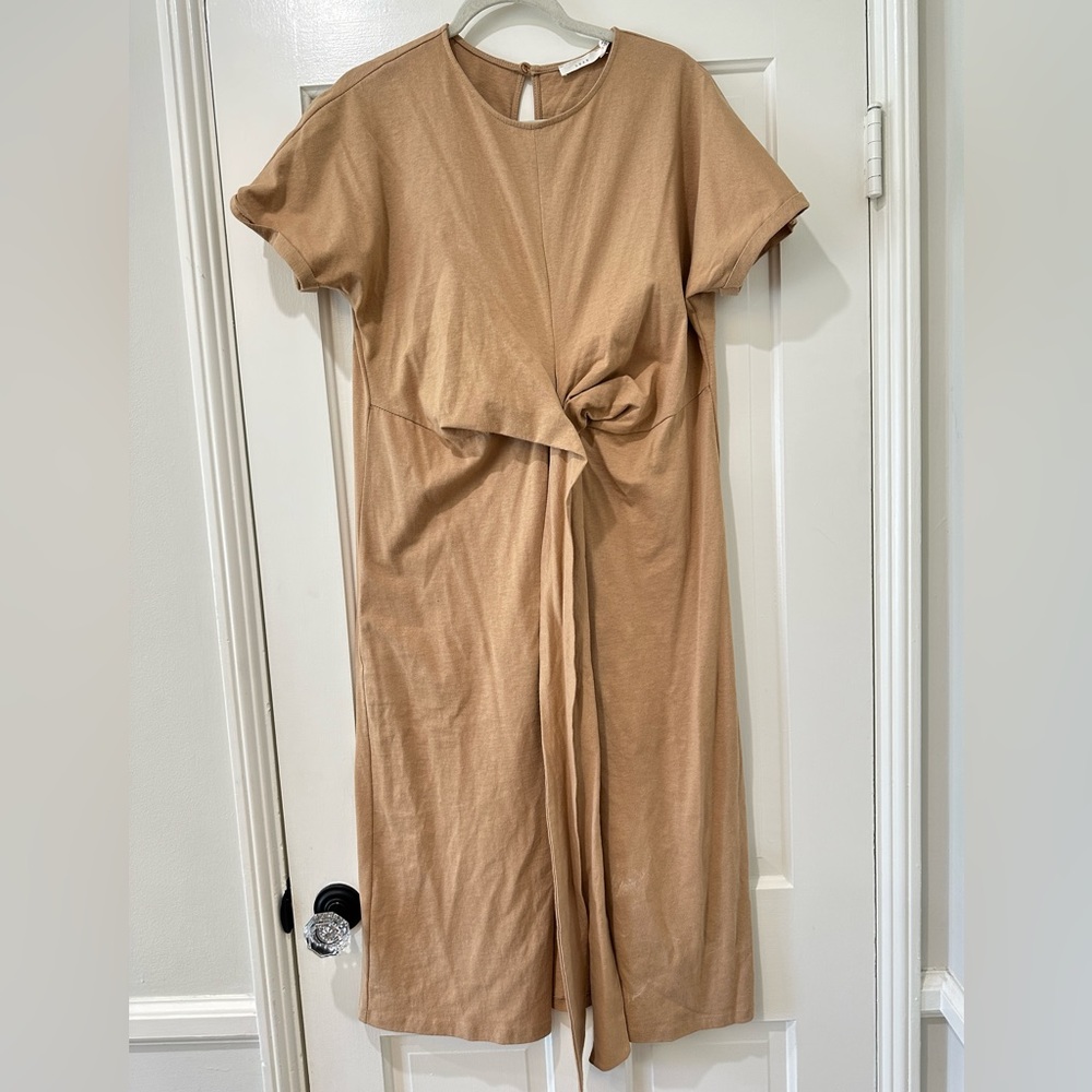 Lush camel tan short sleeve tie waist front slit midi dress